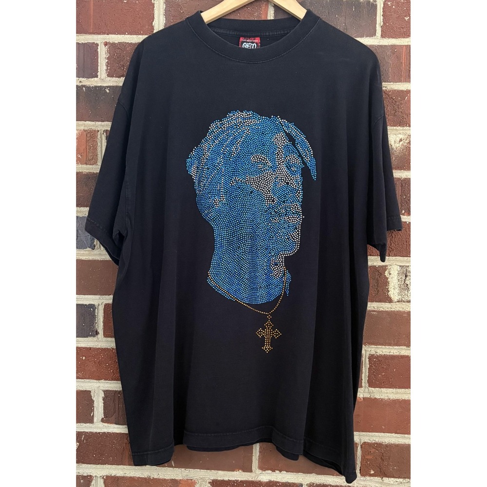 Ghetto Heavy Weight‎ Denim Tupac Rap Tee Shirt Mens 2XL Black Rhinestone Graphic
